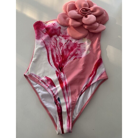 Women’s One-Piece 3D Flower Swimsuit With Matching Wrap/Skirt peach pink Large - Picture 7 of 16